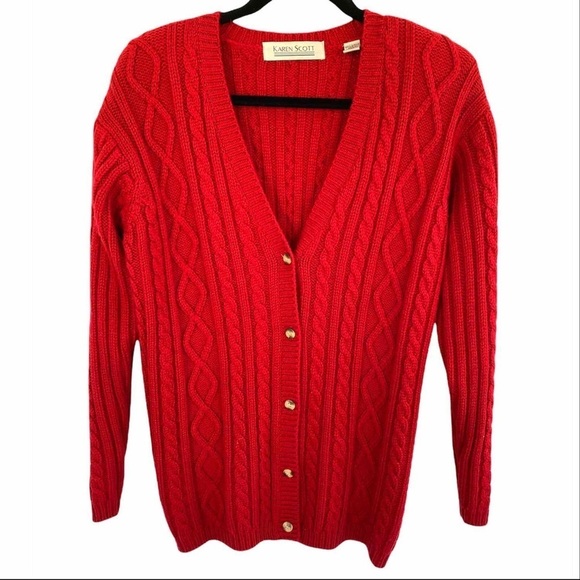 Vintage Karen Scott Red Fishermen Style Woven Cardigan Sweater - Picture 1 of 4